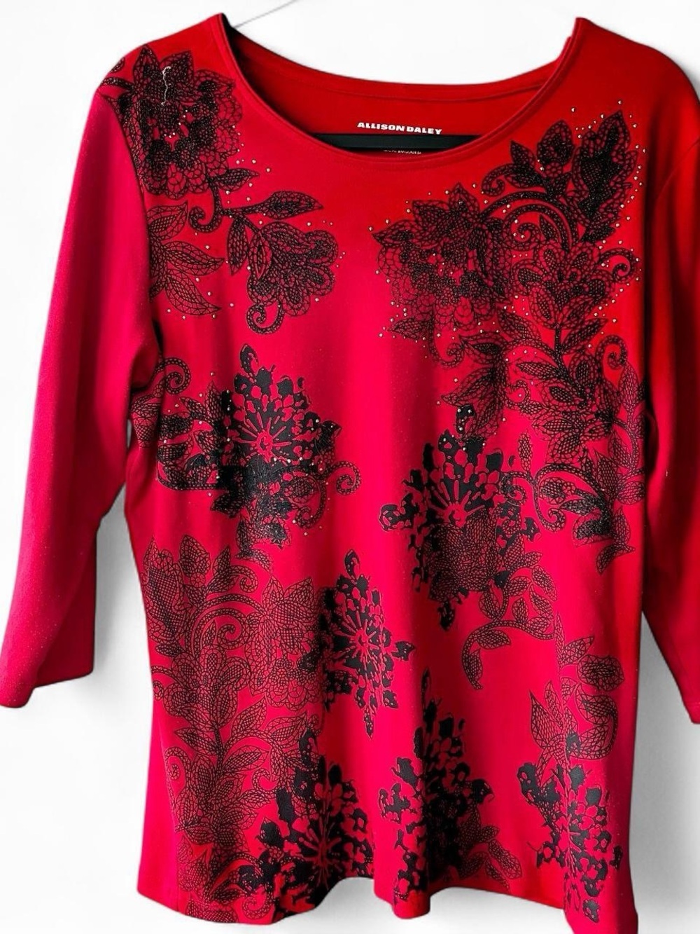 Allison Daley Red Top with Black Floral Embellishment